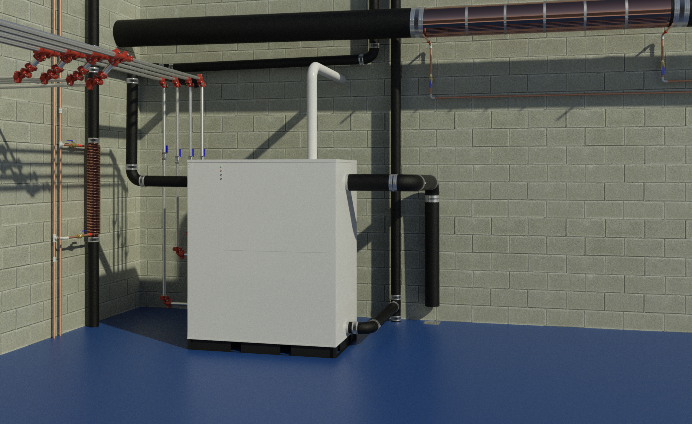 Revit mockup showing a render of a plantroom.  Several items from the collection demonstrated in connected systems.