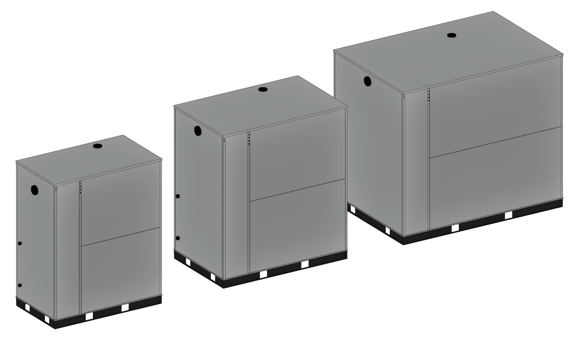 Three SHARC Energy heat pumps in different sizes which have varying chassis and heating capacities.