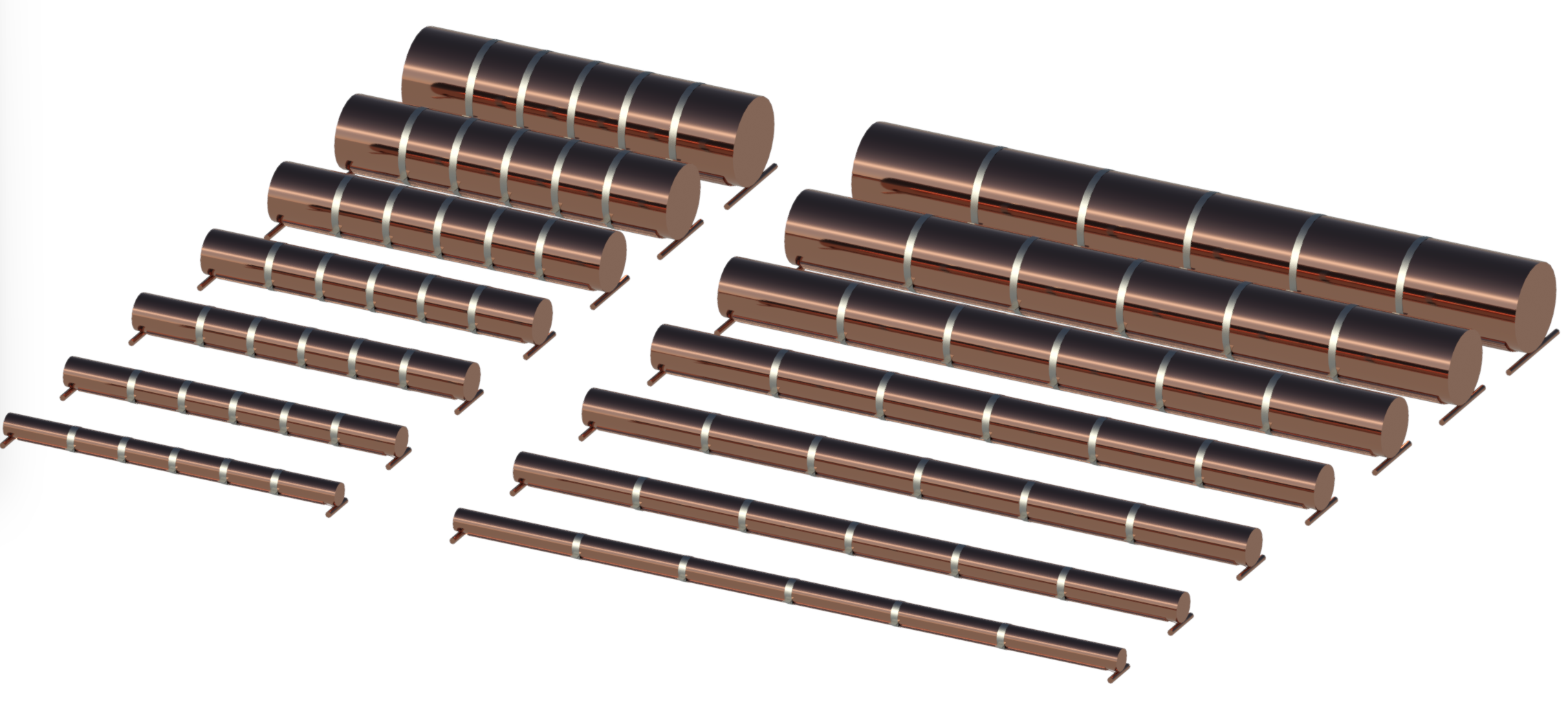 Render of 14 copper heat exchanges varying in width and length