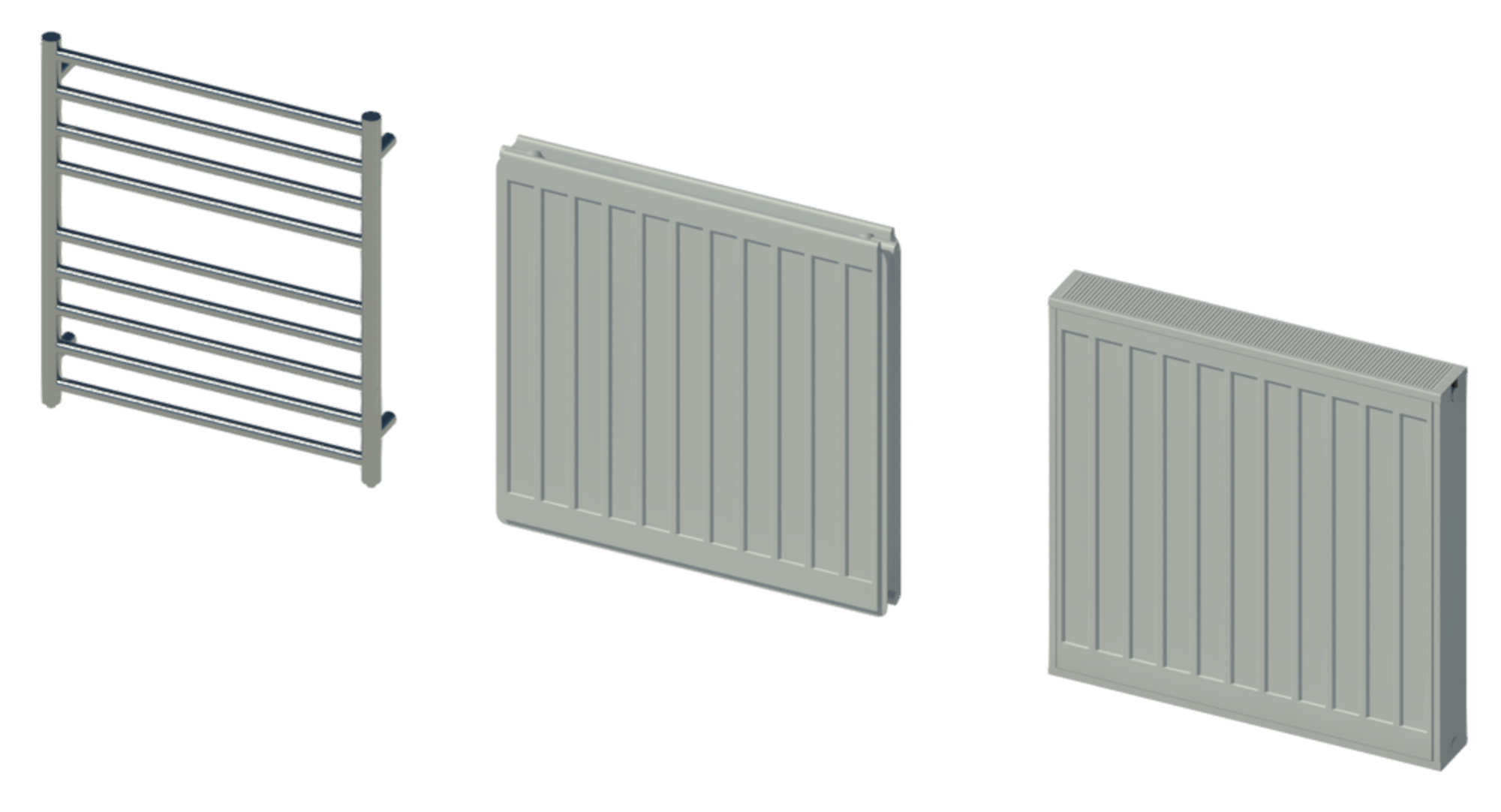 Raytrace showing DQ Heating towel rail and radiators from Myson and Stelrad.