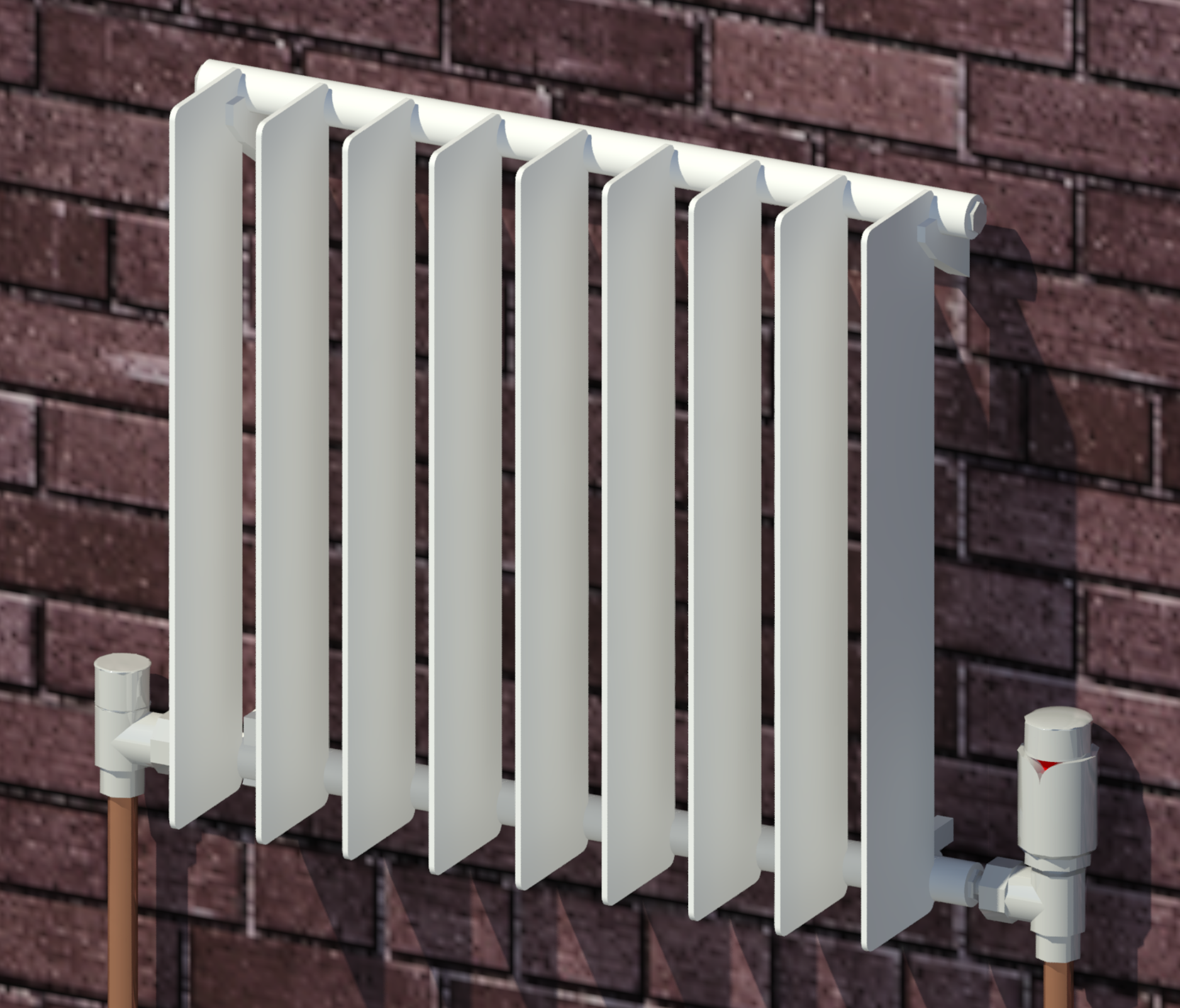 Revit raytrace showing Runtal radiator and connected valves.