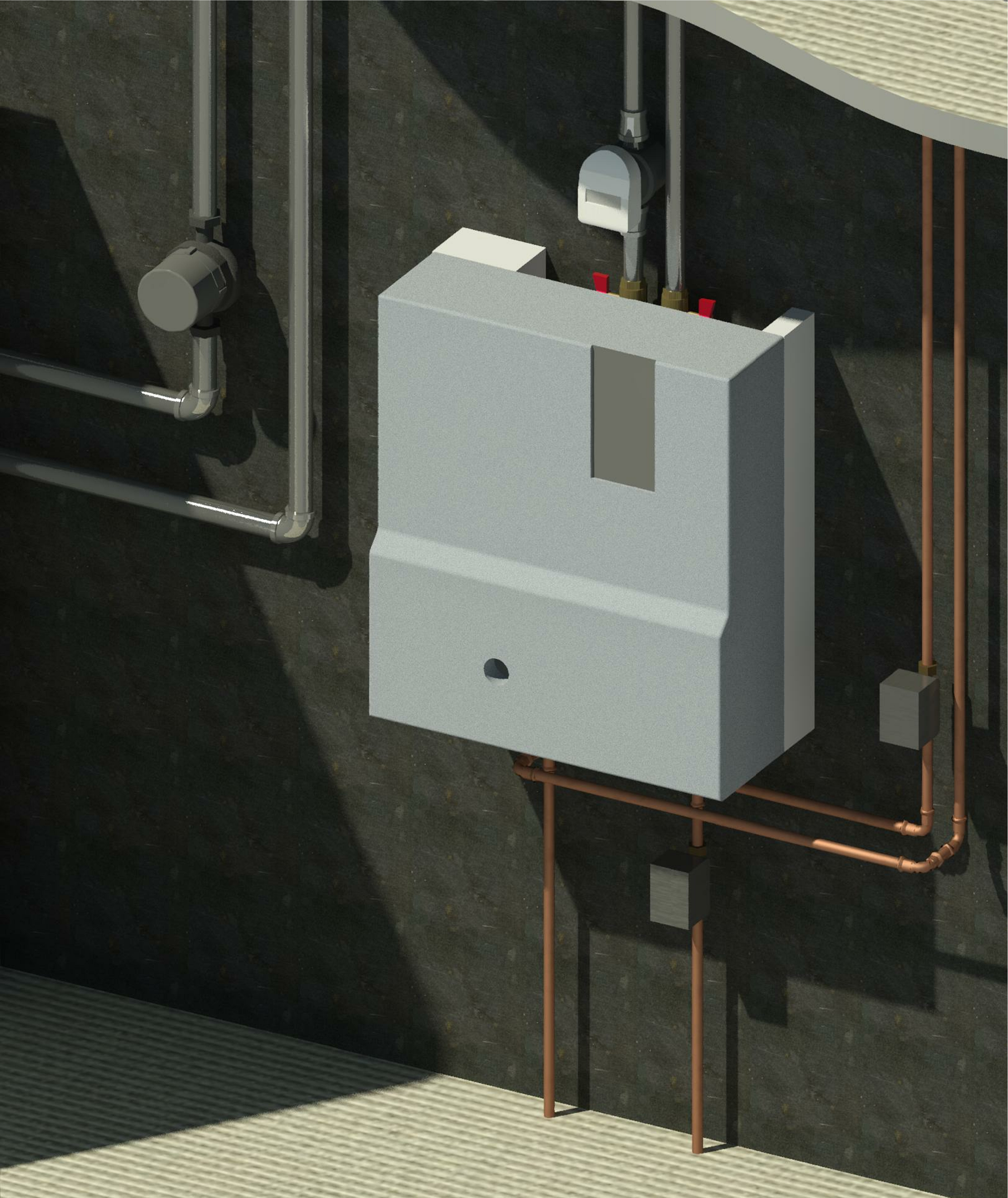 Rendering showing HIU with heat meter and zone valves.