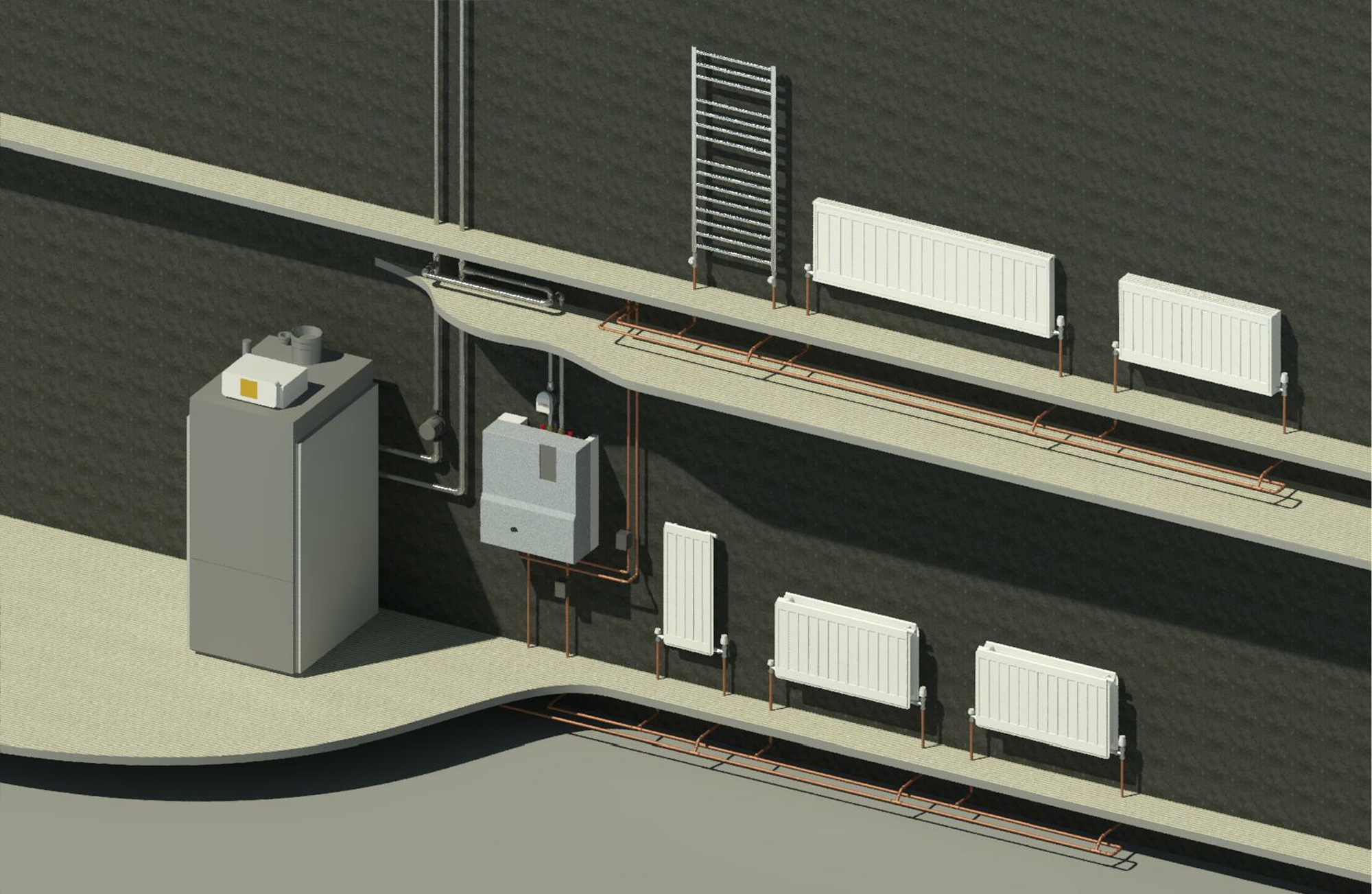Rendering of complete central heating system showing all families with connected pipework.
