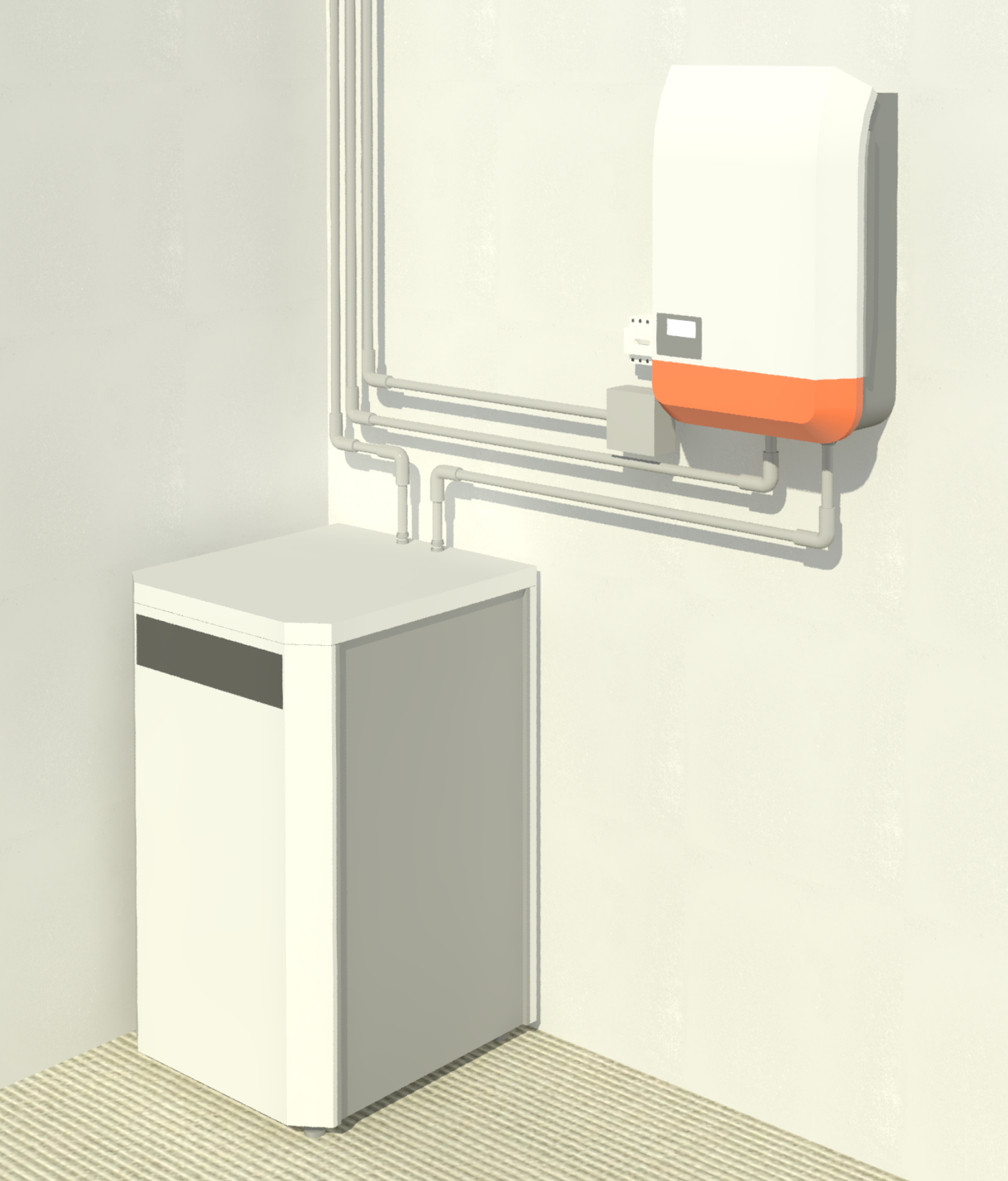 3D shoiwing indoor elements connected in system - battery, inverter and energy meter.