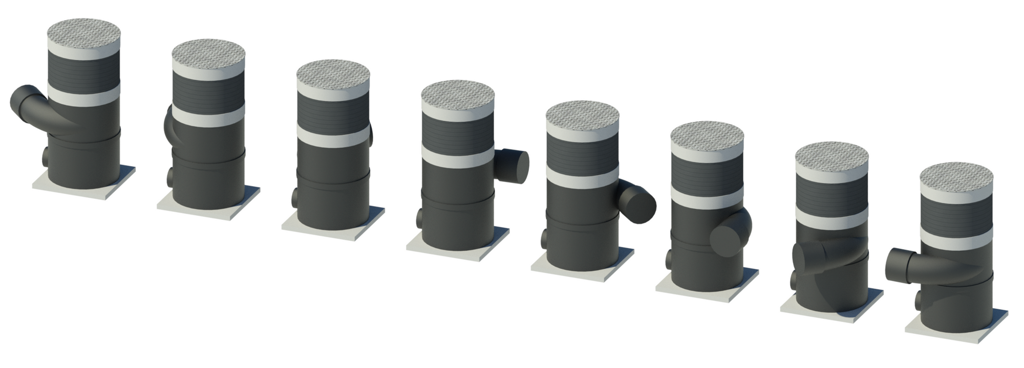 Render showing array of water filters with variable inlet connection azimuth.