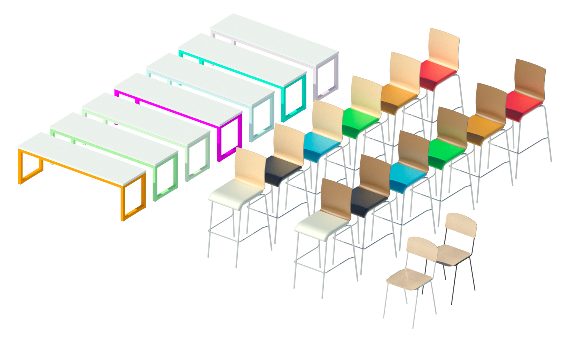 Revit families for benches, stools and cafeteria chairs in a variety of frame and seat materials.