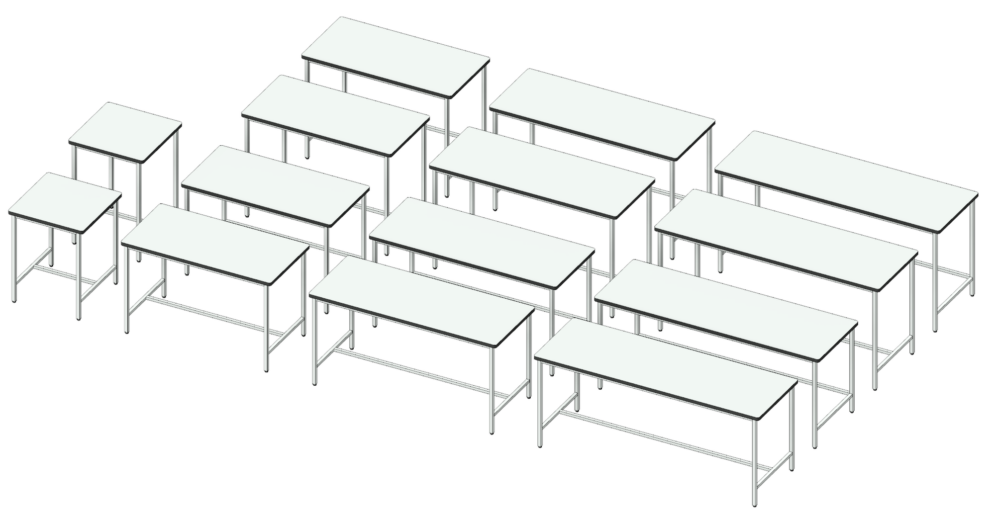 3D image showing white table top variations for H-frame table Revit family.