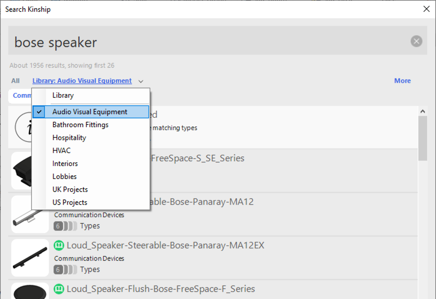 Kinship search in Revit showing the new Lists filter on the Library tab.