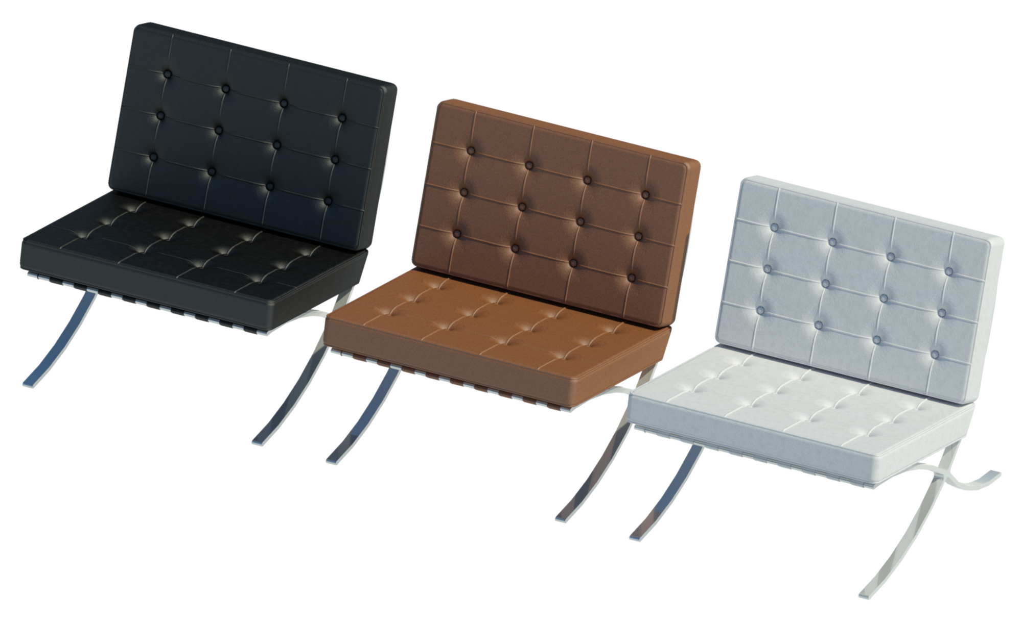 Barcelona chair model with three types for white, brown and black leather upholstery.