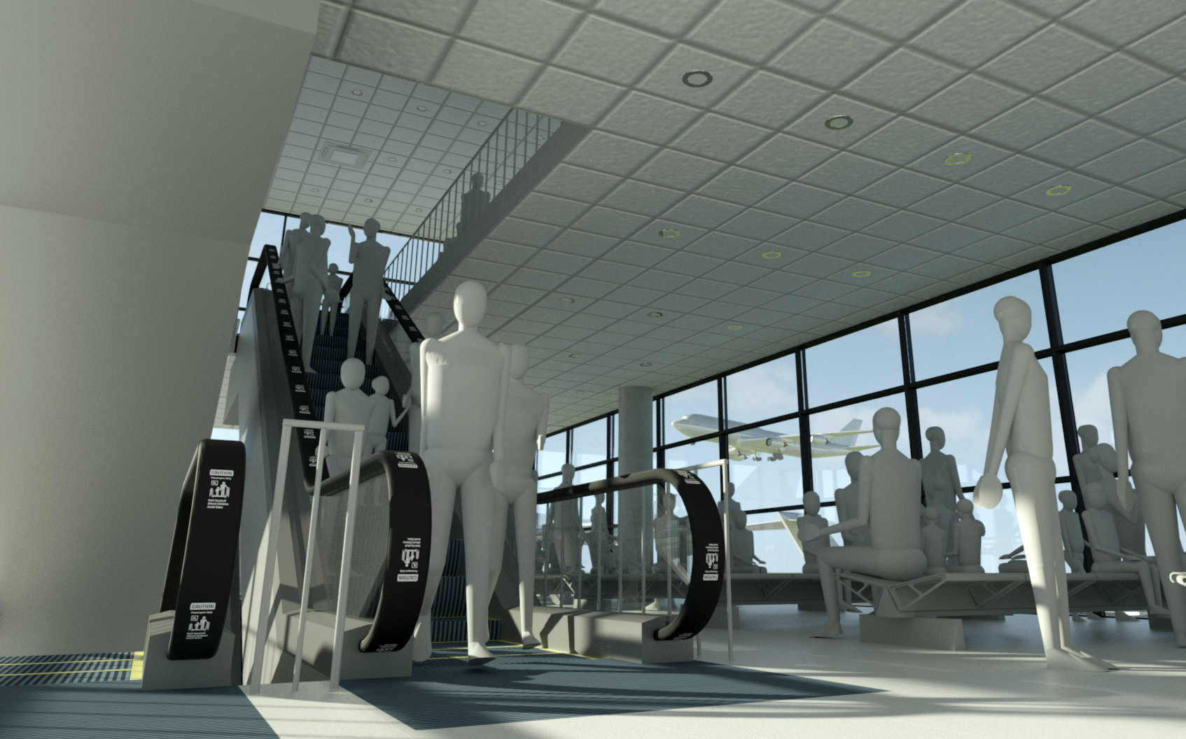 Revit rendering showing escalator and Andy in airport scene.
