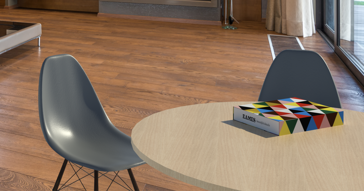 Rendering of the Eames Shell Chair Revit family in a home setting.