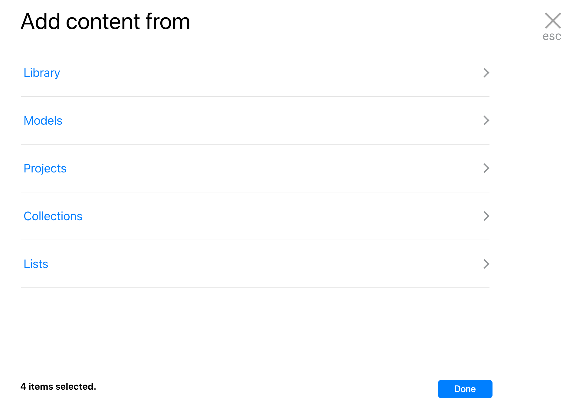 Add content to collection dialog in Kinship.
