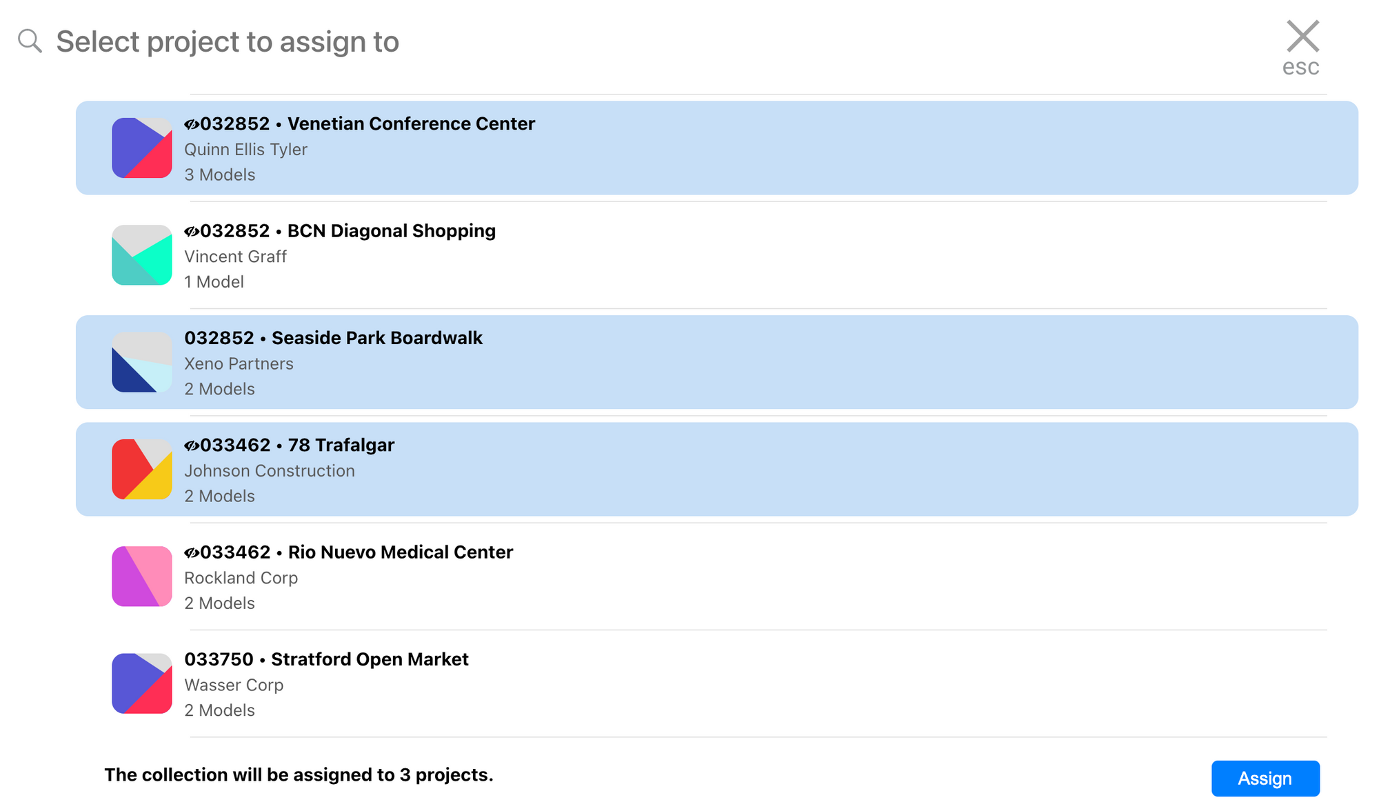 Assign collection to projects dialog in Kinship.