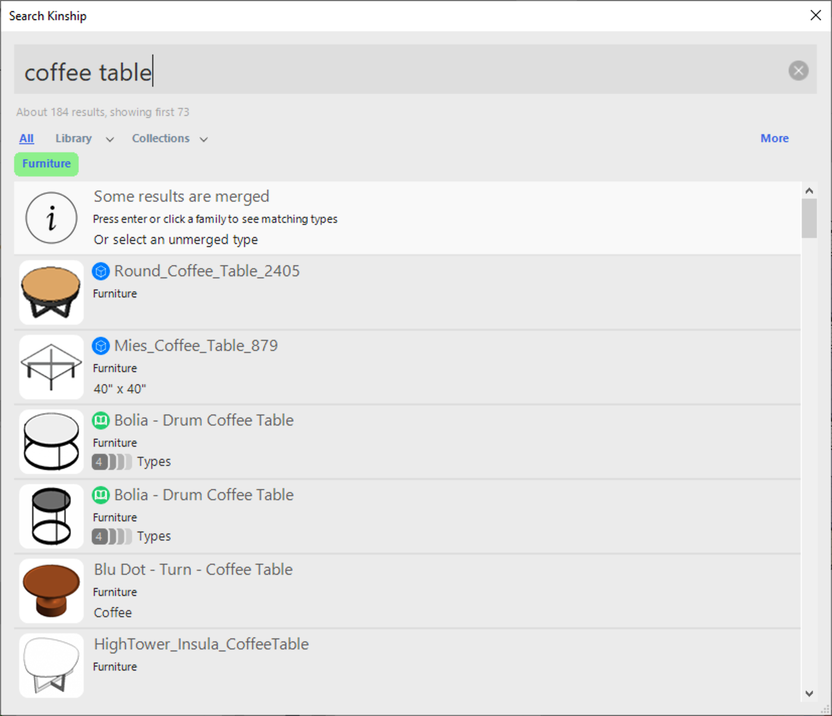 Kinship search results in Revit showing assigned collection content first.