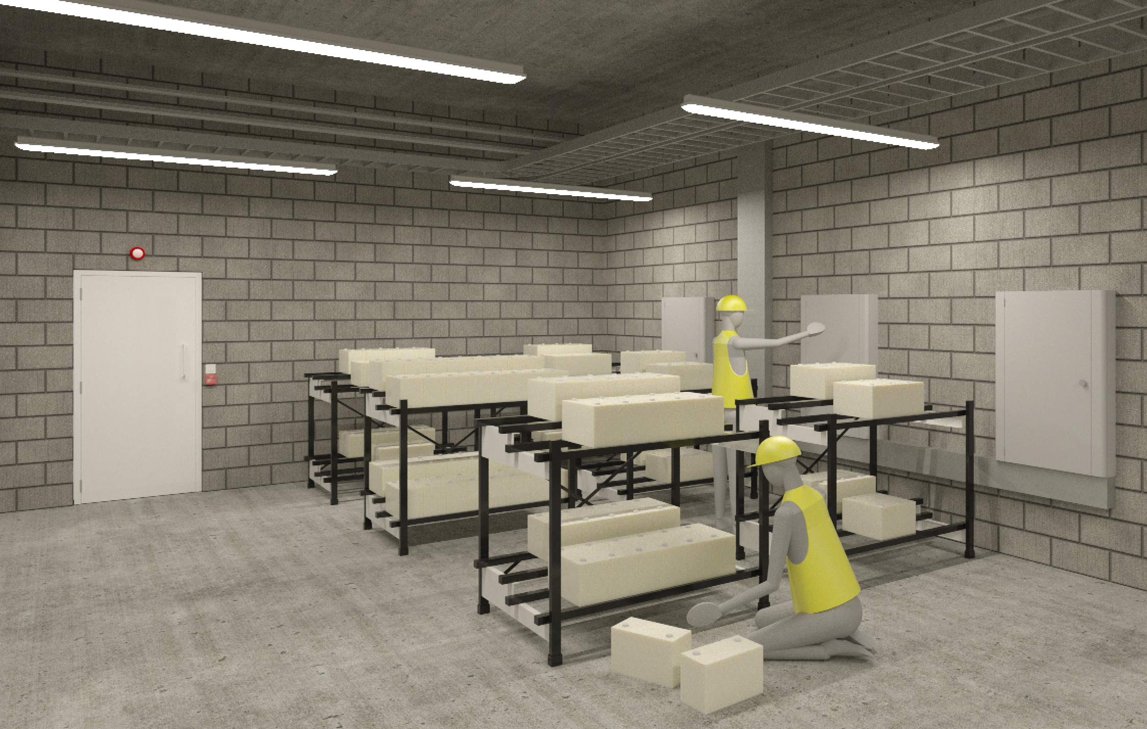 Revit render showing a battery room under construction.