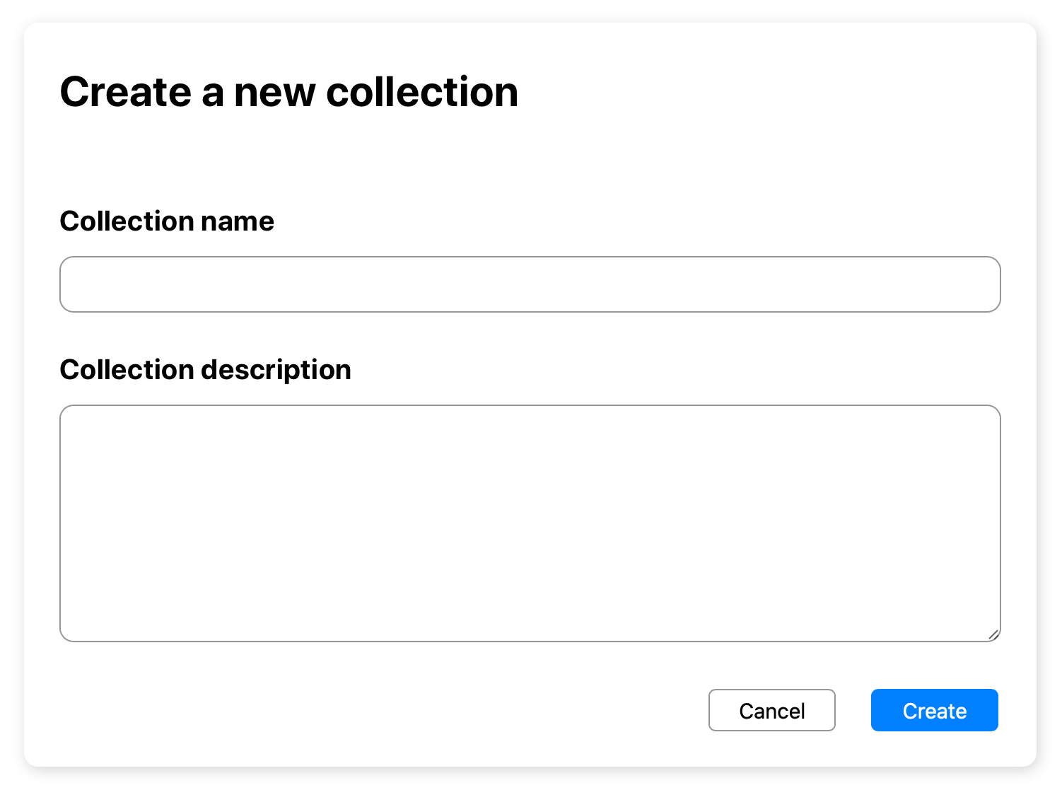 "Create a new collection" dialog window in Kinship.