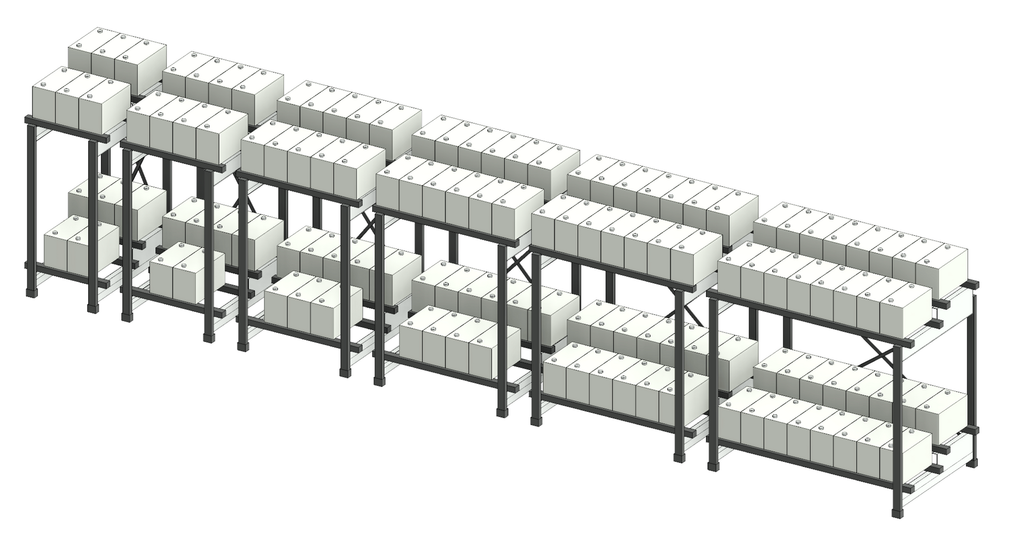 Revit 3D view showing some of the available types for the UPS battery rack.