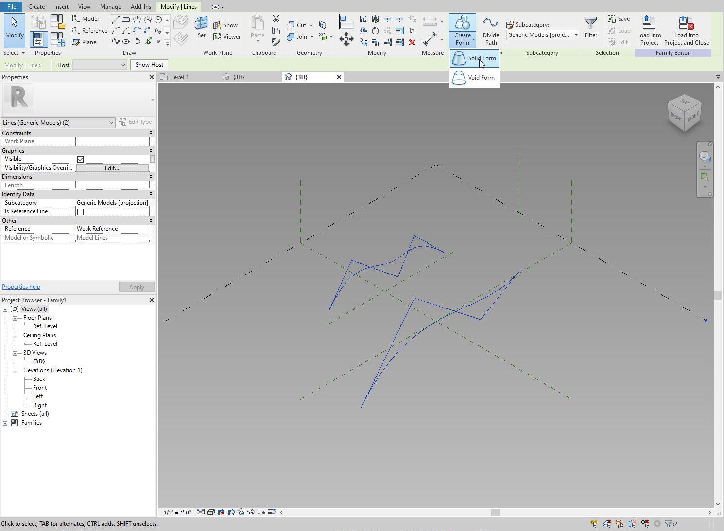 Drawing two splines in the Revit family.
