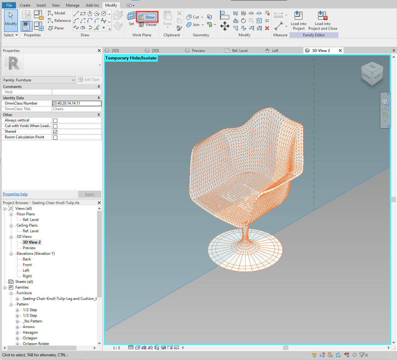 Revit family showing the active Center Left/Right work plane. 