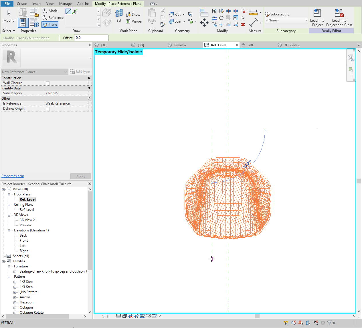 In the Revit family's plan view, draw another reference plane to the left of center.