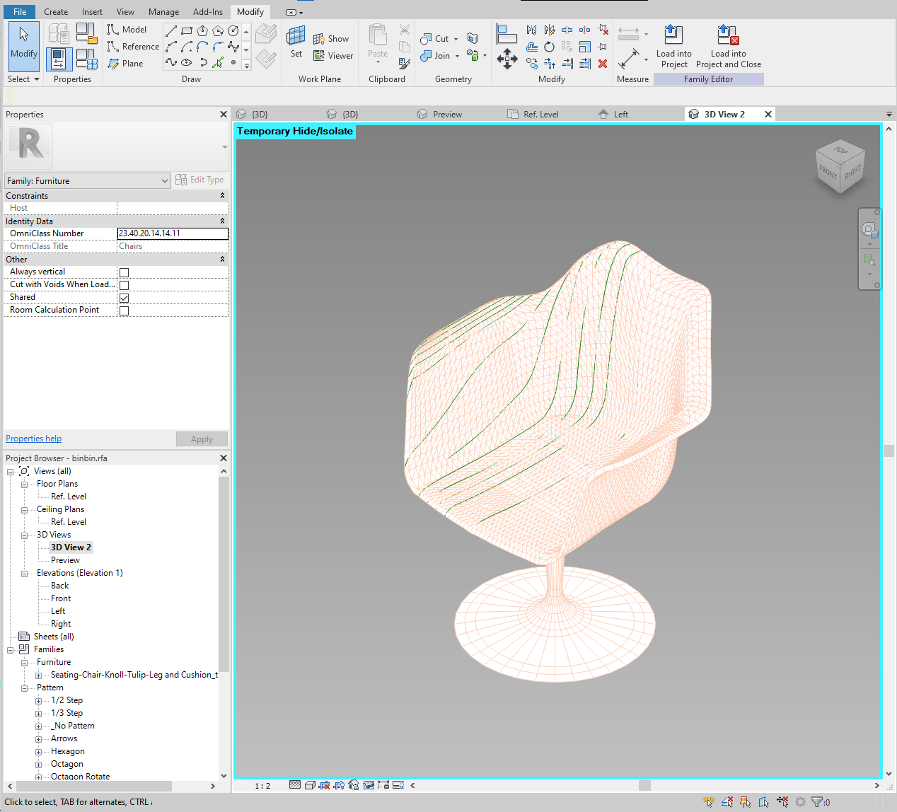 Image of the Revit family with all profiles created on one side.