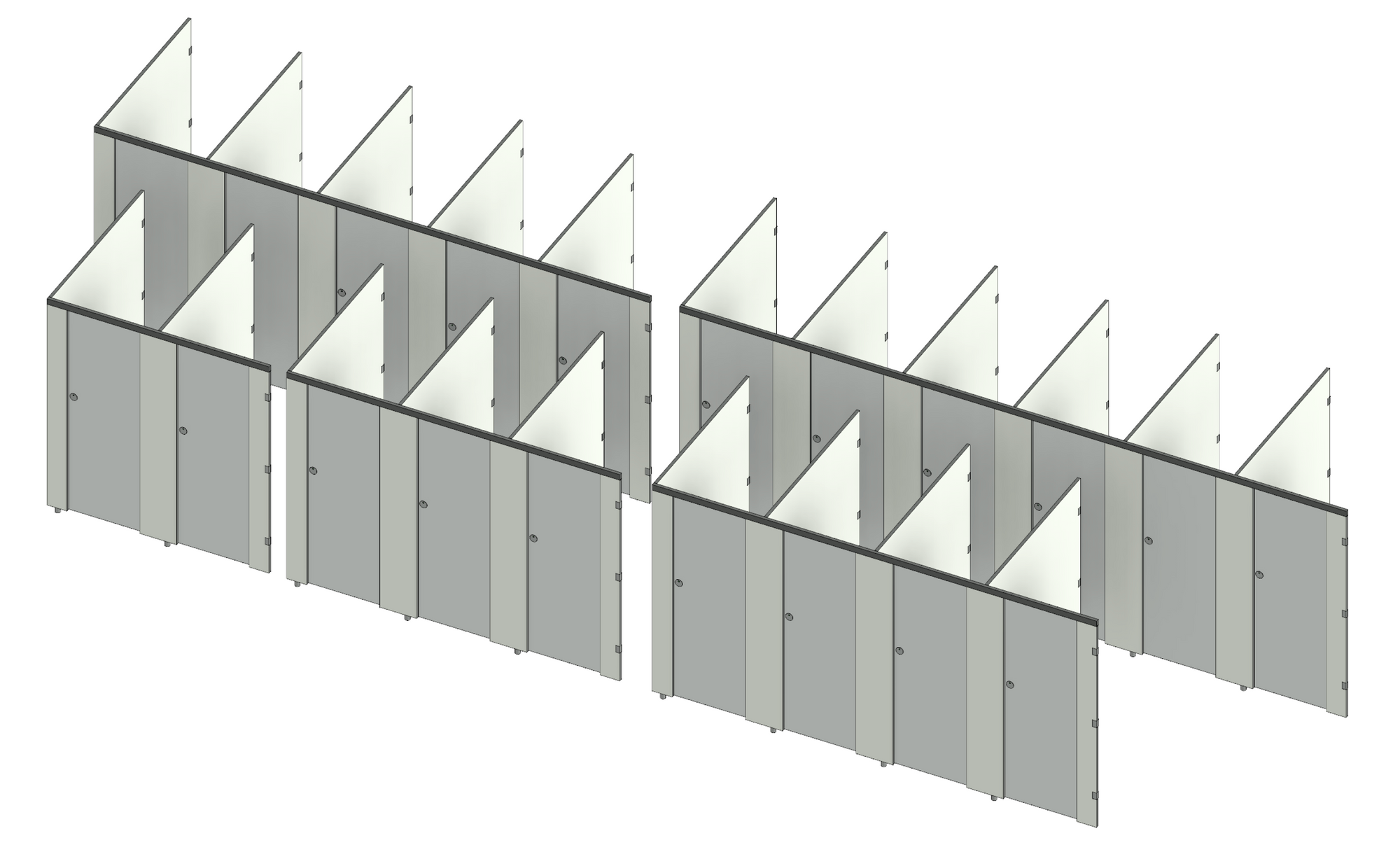 Revit 3D view showing bathroom stall arrays from two to six cubicles.
