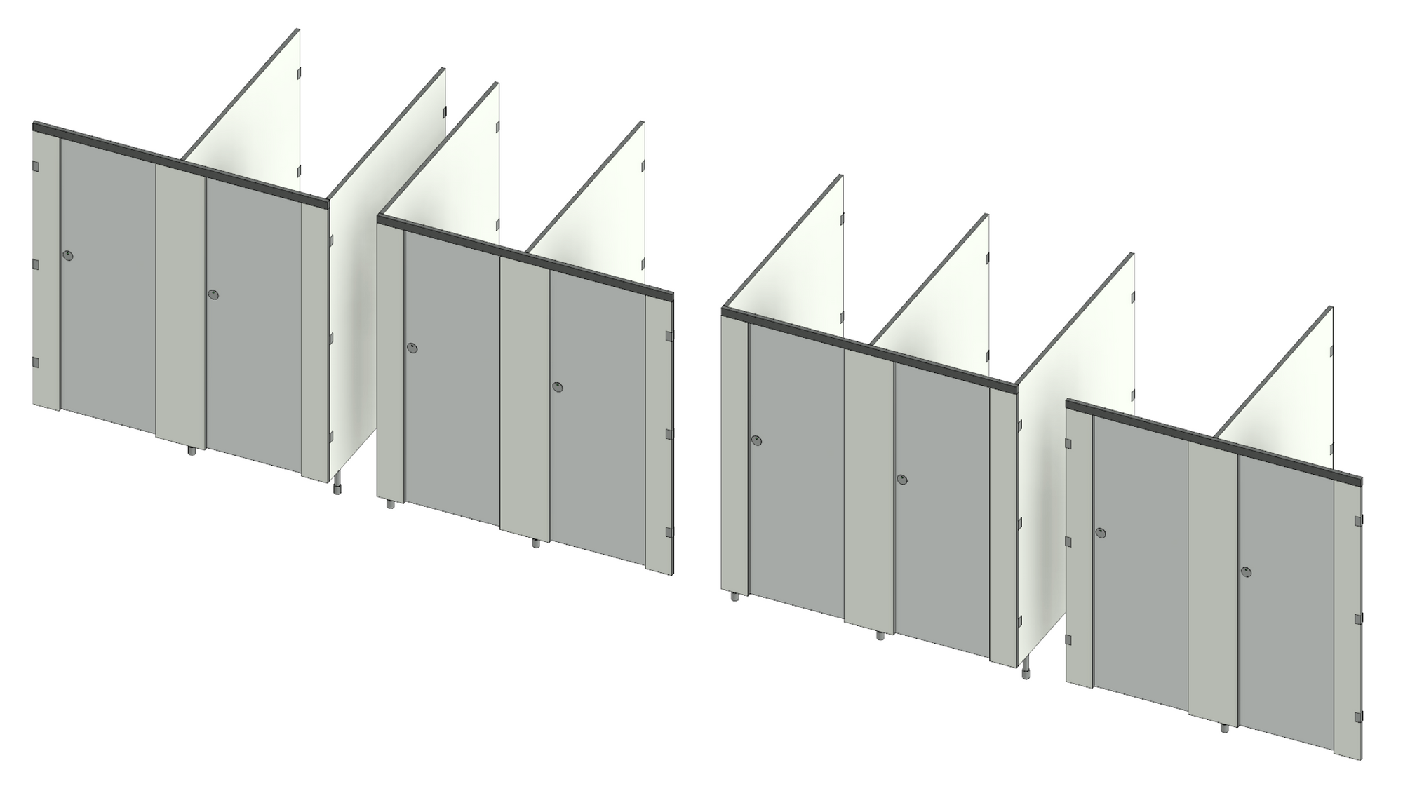 3D view showing left-hand run, right-hand run, island and enclosed bathroom stall Revit families.
