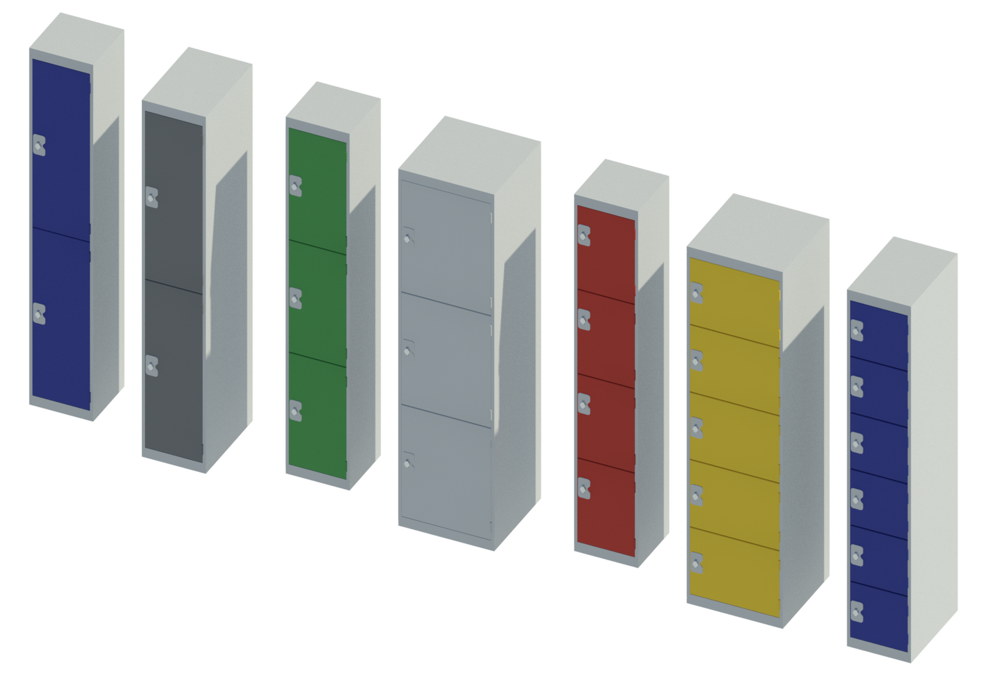Render of Revit locker families in various colors and sizes.