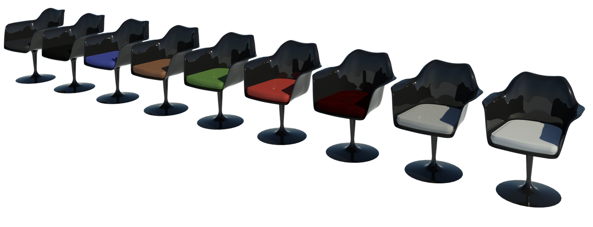 Revit raytrace showing nine black body types of Tulip chair.