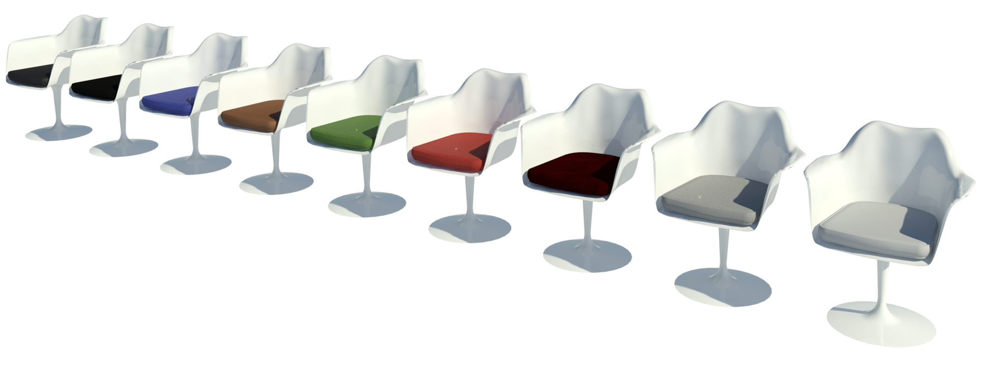 Revit raytrace showing nine white body types of Tulip chair.