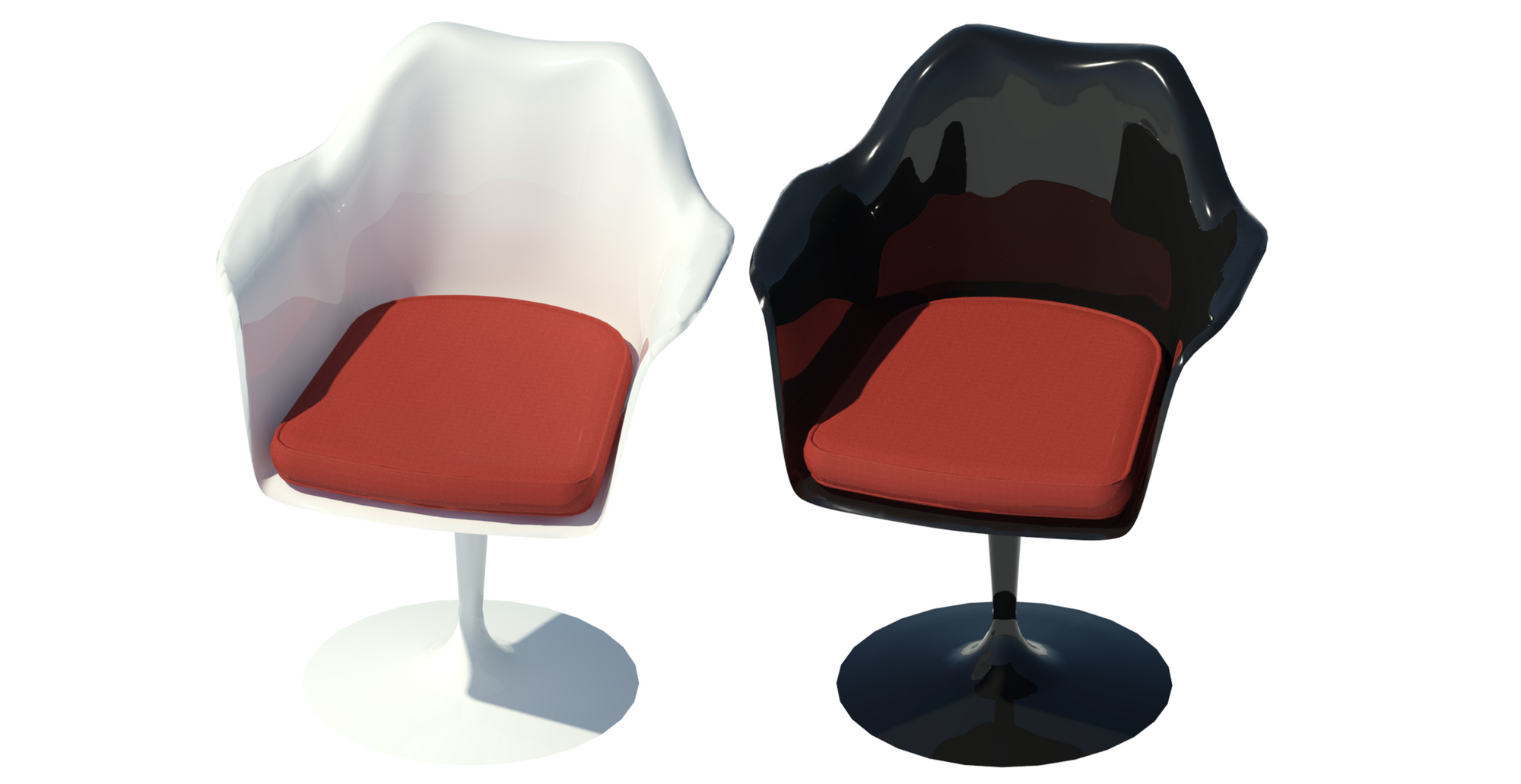 Revit raytrace showing red textile cushion in black and white body variations.