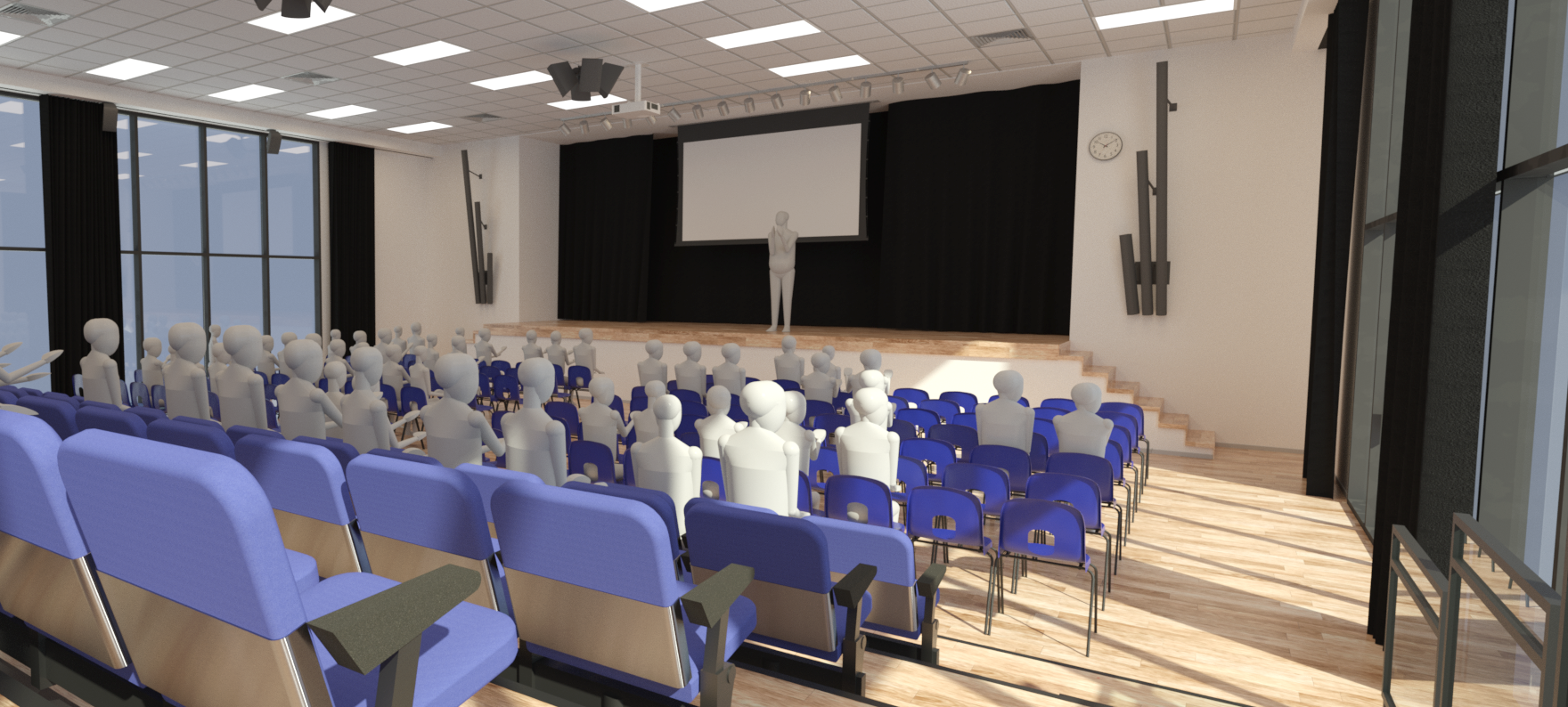 Revit render of assembly hall with all collection families.