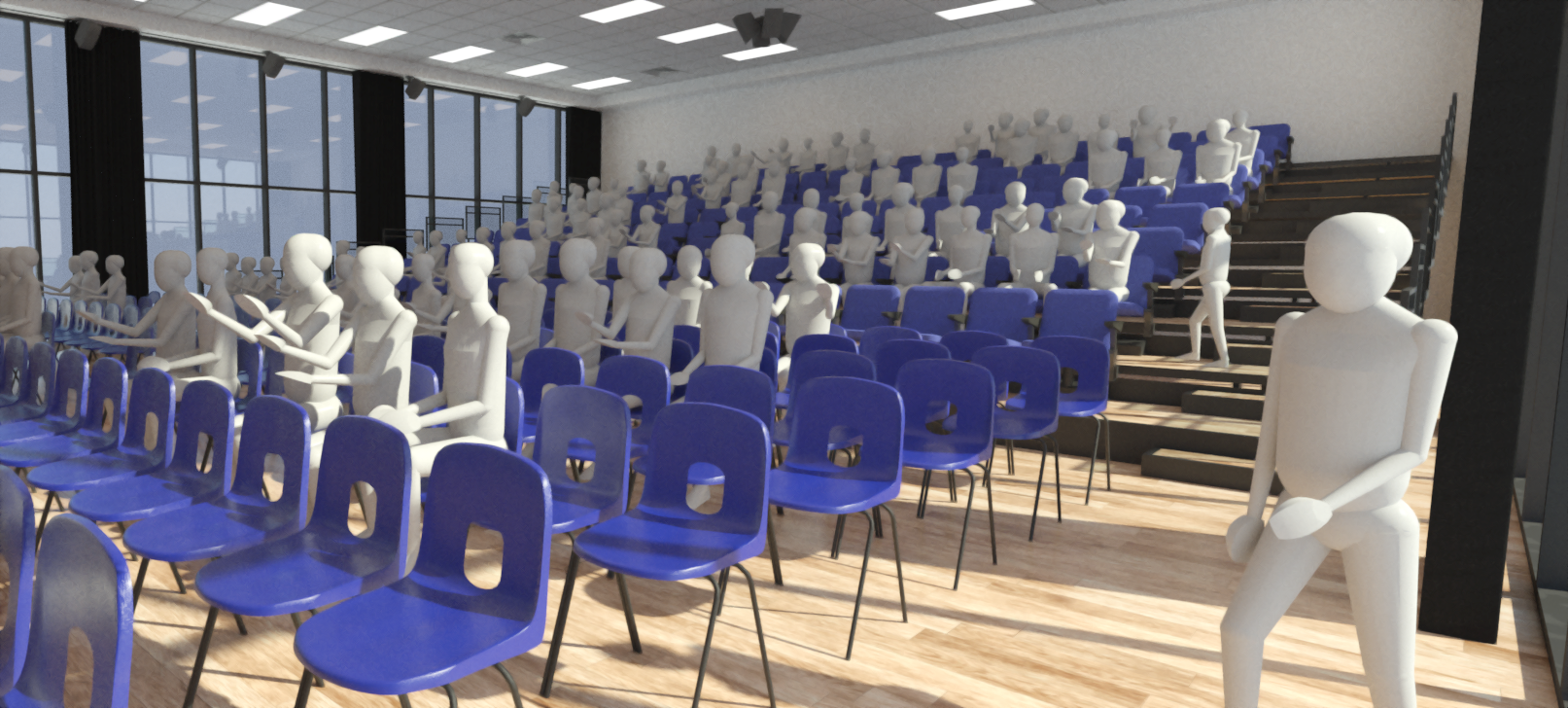 Revit render showing assembly hall content.