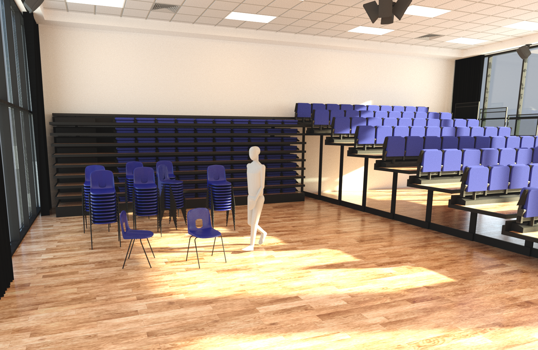 Revit render showing auditorium seating being stowed away.