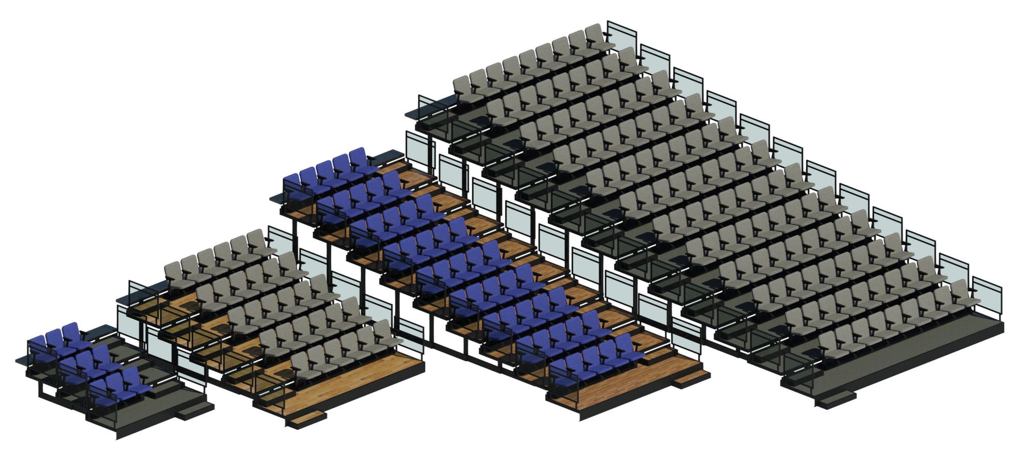 Revit family for retractable seating. Default types range from 9-100+ seats with various materials.