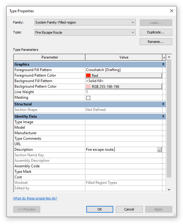 Type properties for a Filled Region in Revit. Graphics section contains parameters responsible for region's appearance.