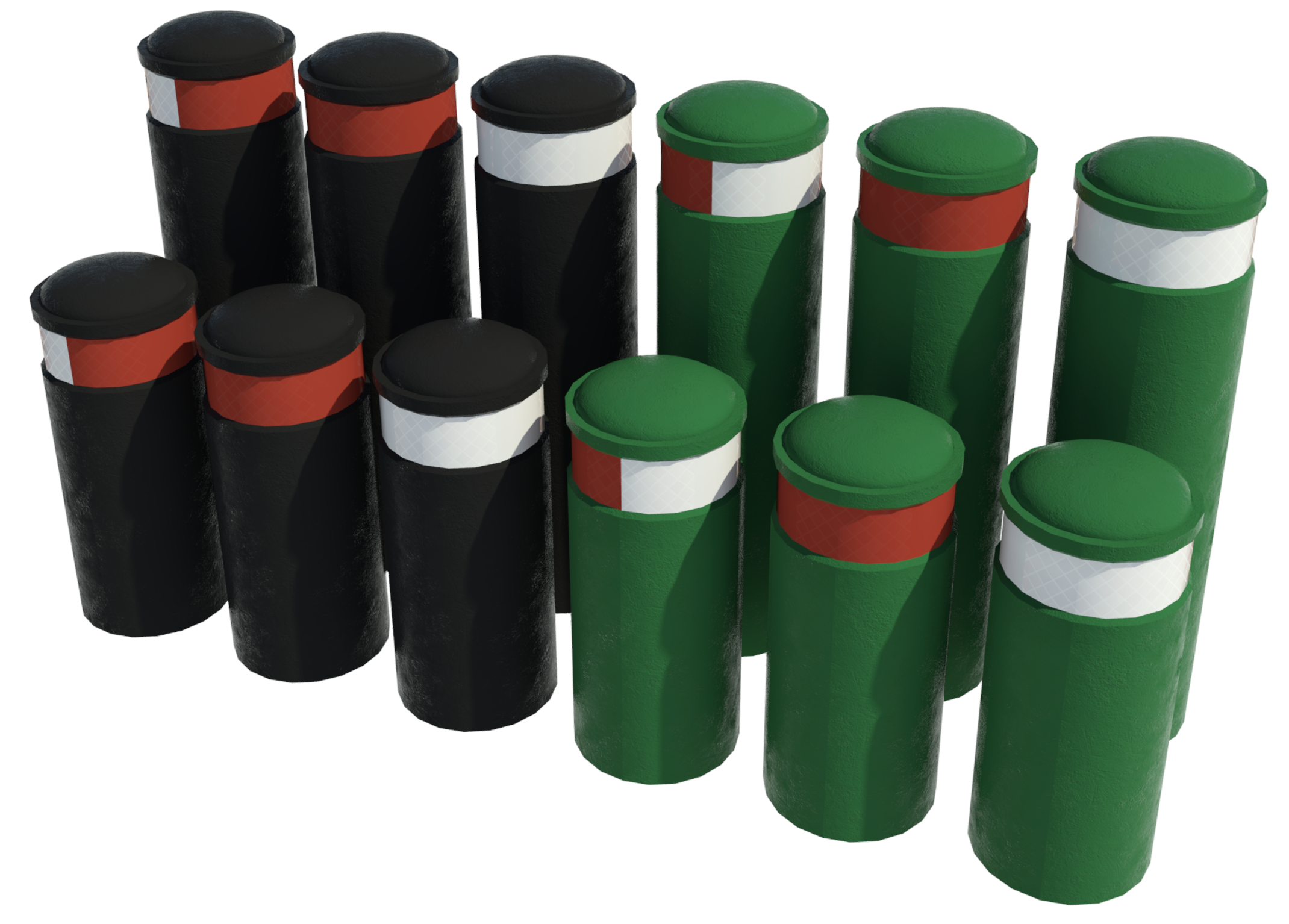Revit render showing rubber bollards made from recycled materials.