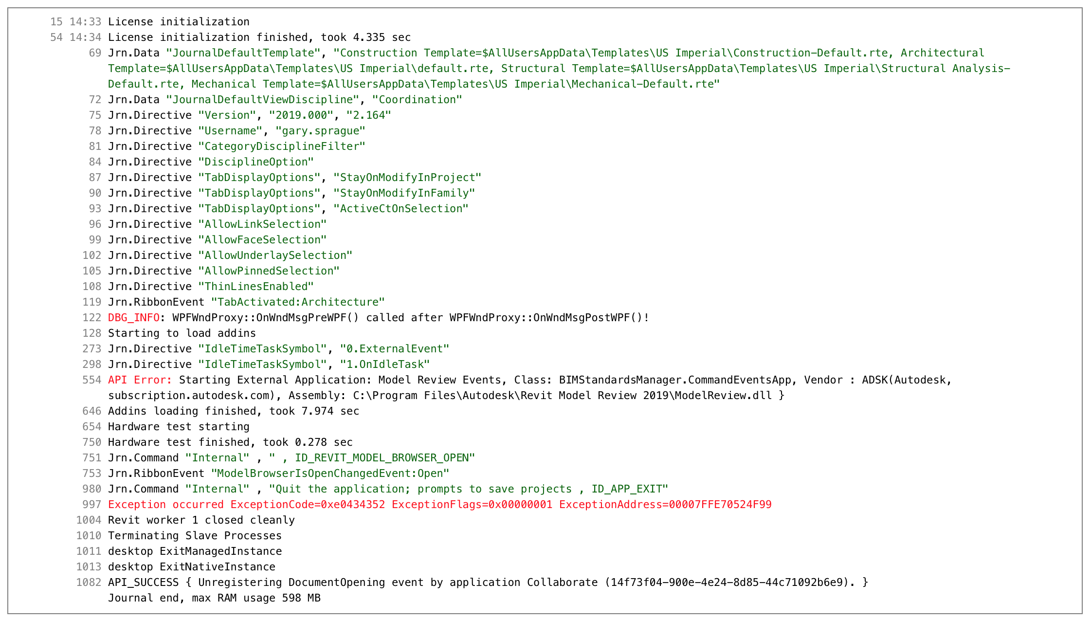 Highlighted Revit journal for a crash with color coding for different types of events.