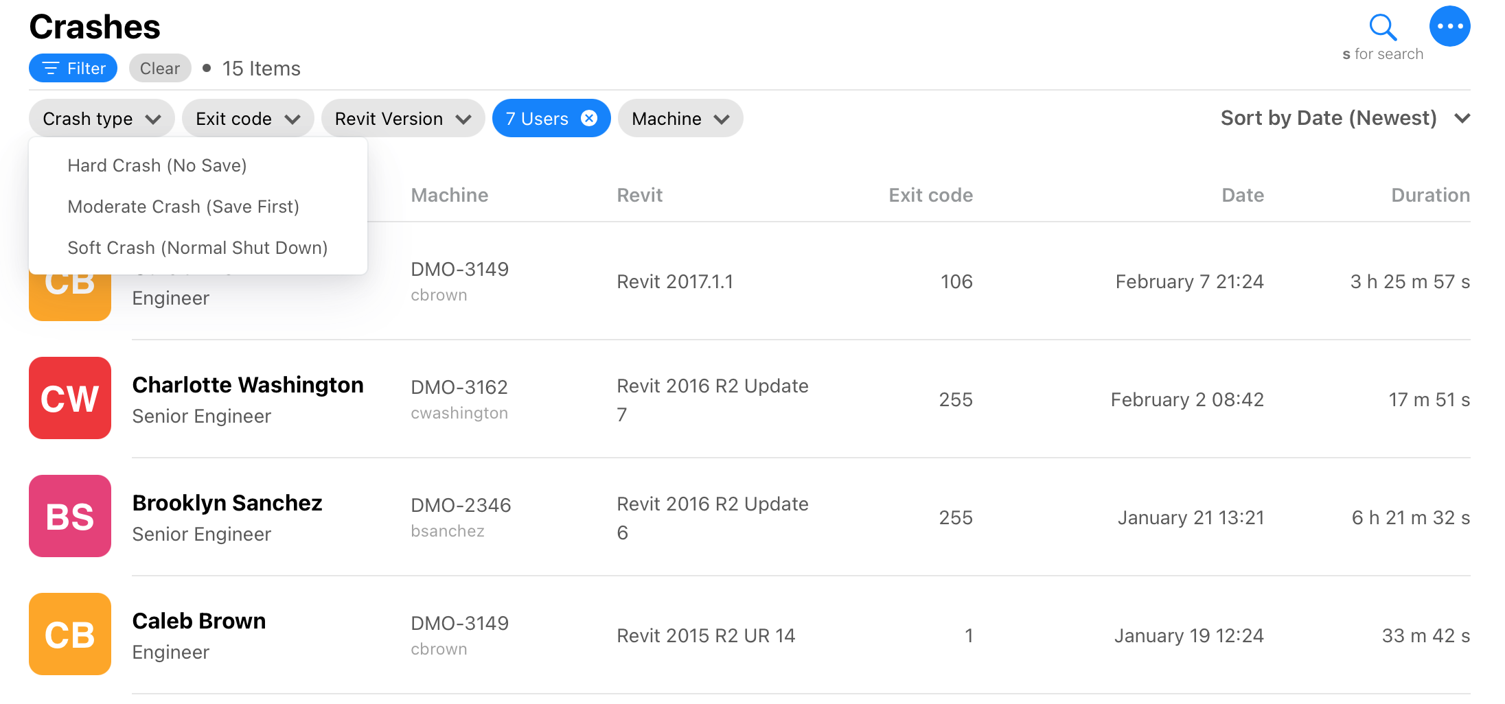 Revit crashes showing filter for Crash Type with options for Hard, Moderate or Soft crashes.