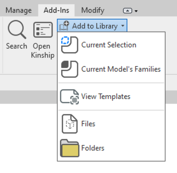 Add to Library dropdown menu in the Kinship Revit add-in.