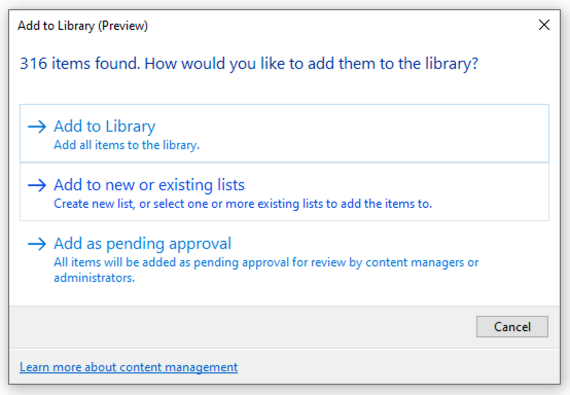 Add to Library dialog in the Kinship Revit add-in with new option to "Add to new or existing lists".
