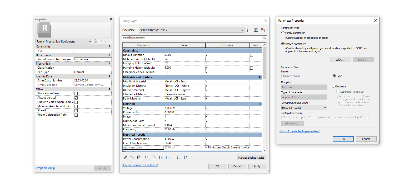 Revit dialogs for viewing and managing family parameters.