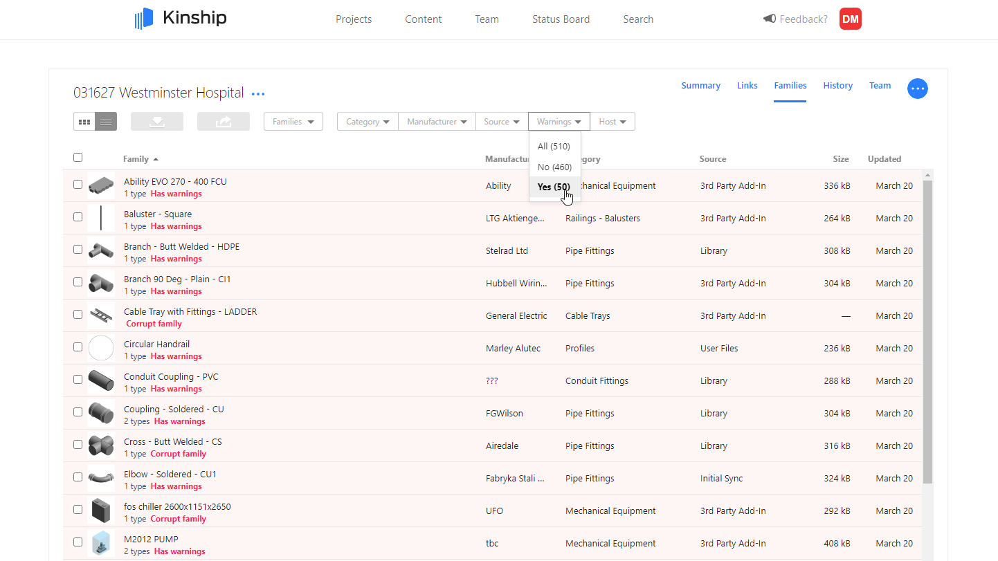 Project content page in Kinship showing Revit families that have potential health issues.