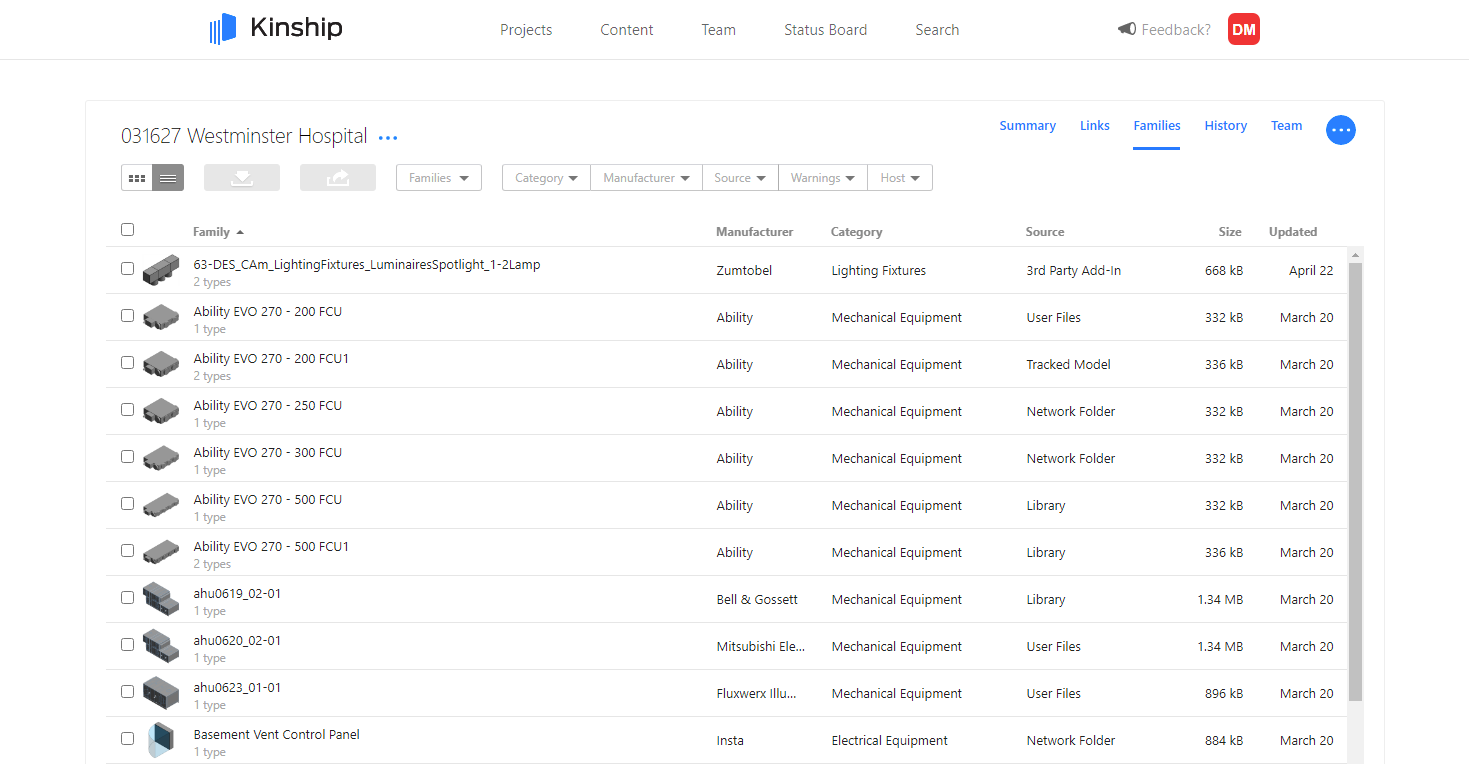 Project content page in Kinship showing the source of each Revit family.