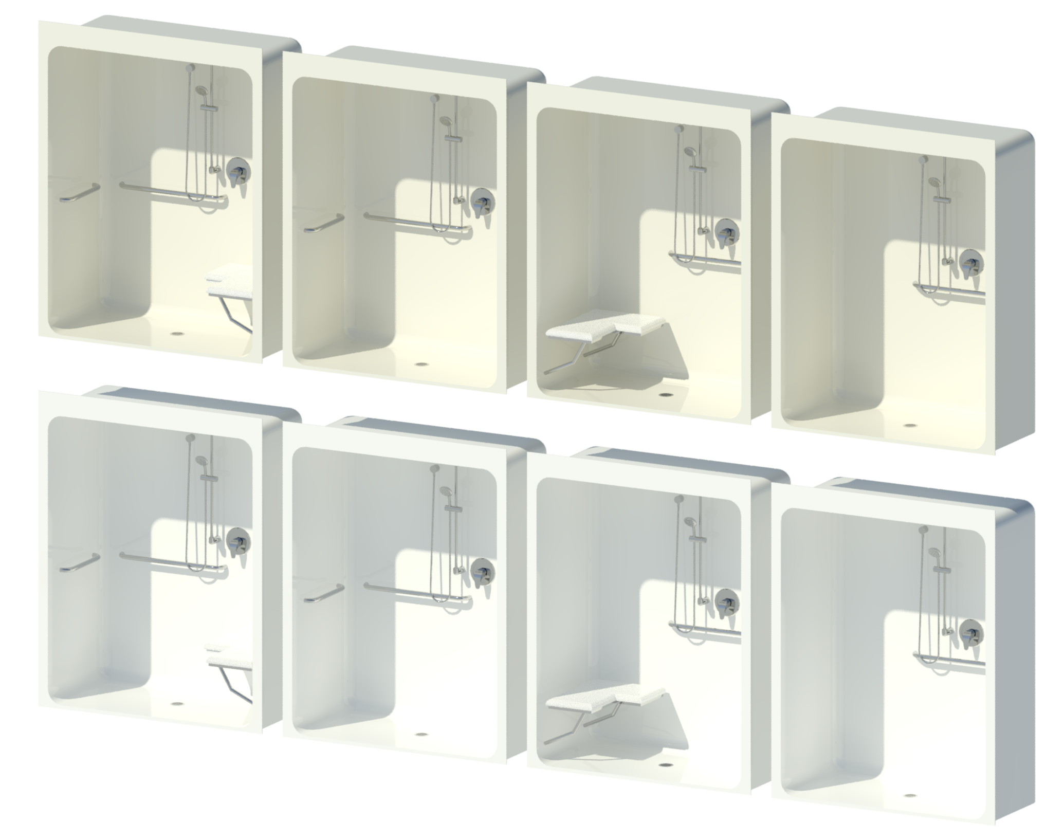 Render of an ADA-compliant Aquatic Bath Revit family showing various types within the family.