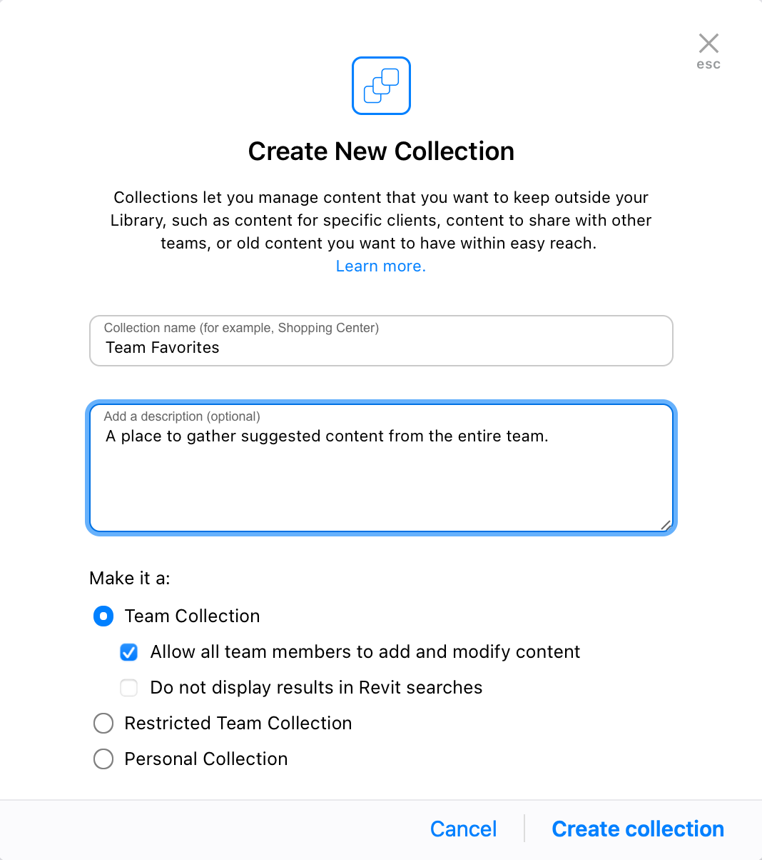 Create New Collection dialog showing the new option to "Allow all team members to add and modify content".