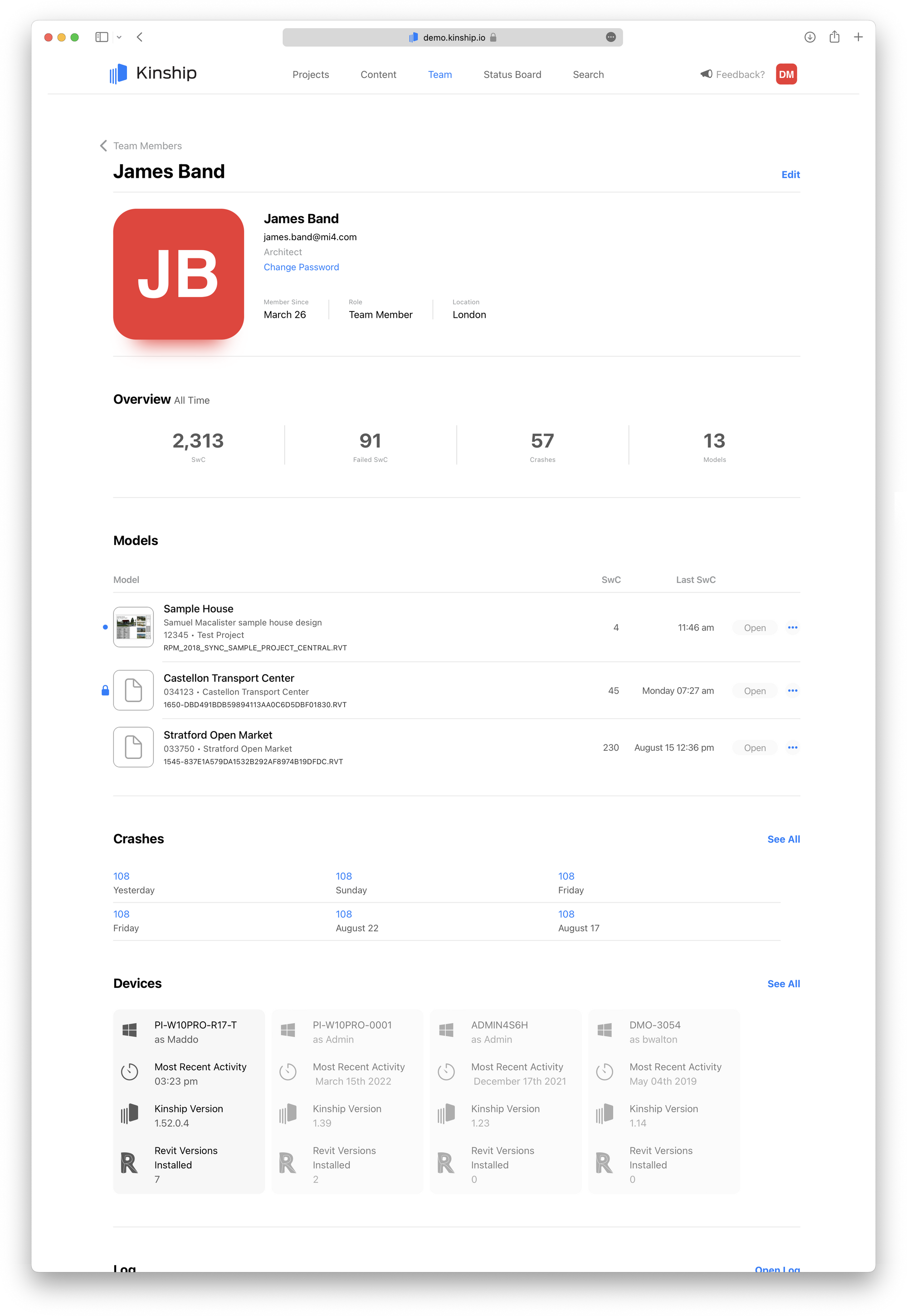 Kinship team member page showing details on devices, Revit crashes, Revit versions and more.