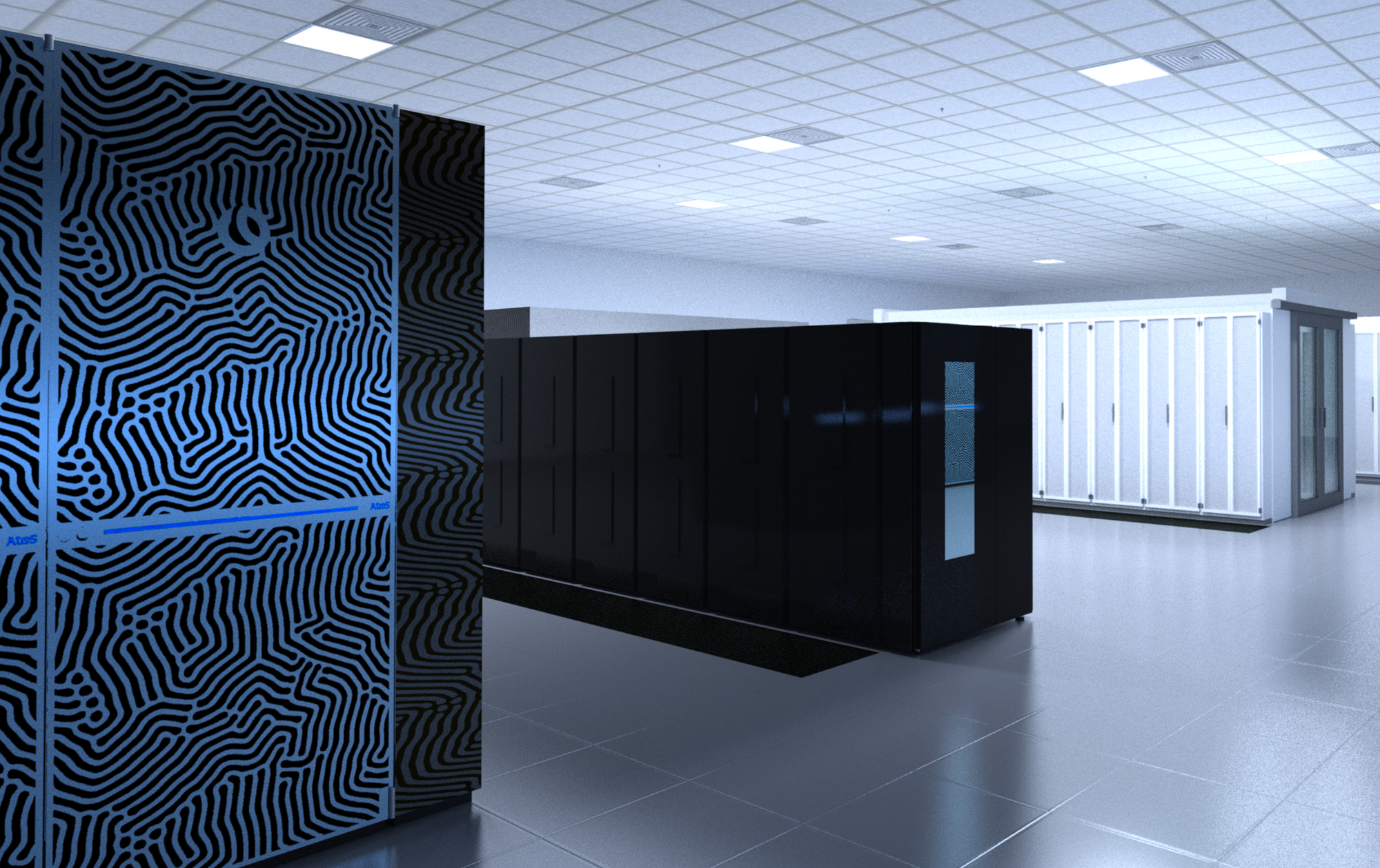 Revit ray trace showing supercomputer and tape library.