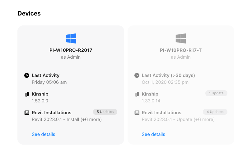 Updated Devices section on the user profile and preferences page showing pending updates to Kinship and Revit.