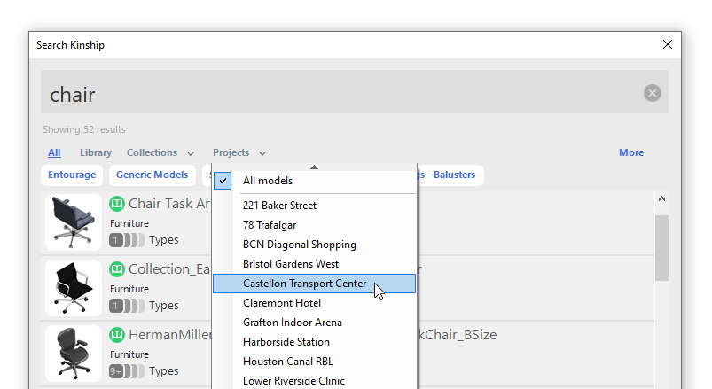Projects filter menu in the Kinship Revit add-in.